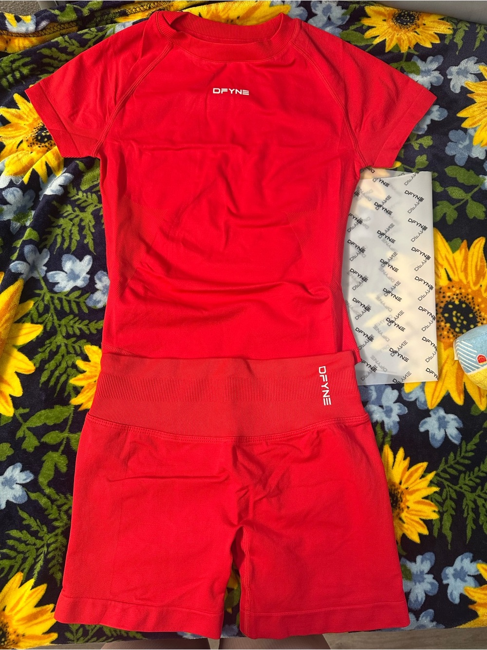 DFYNE Women’s Red Active Short Set - Short Sleeve Top & High-Waist Shorts